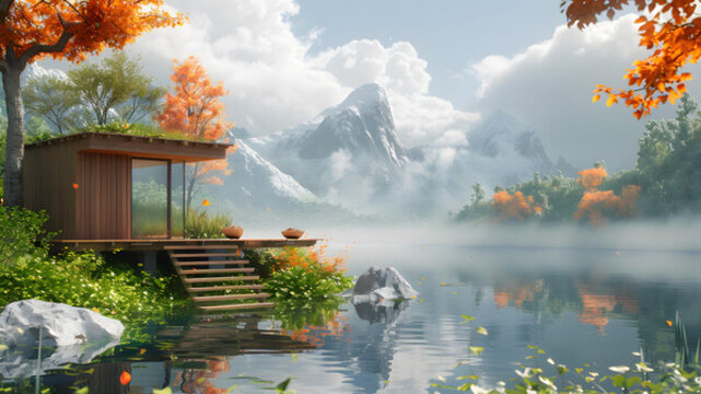 湖邊小屋的AI圖片