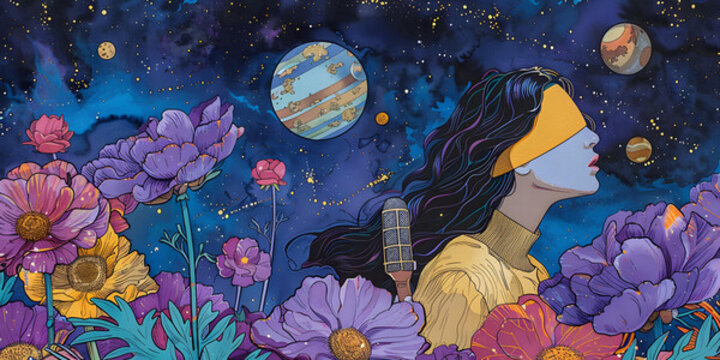 蒙著眼睛的女子置身于繁花盛開的田野，背景是行星