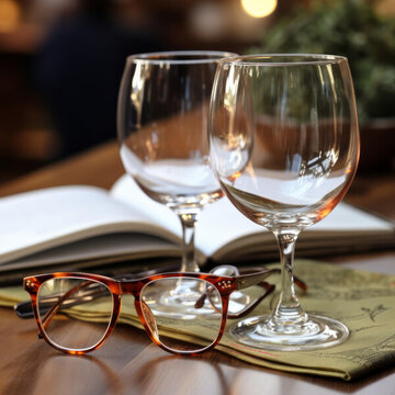 桌上有兩杯酒和一本書