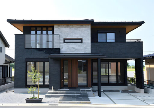 現(xiàn)代黑色灰色磚砌住宅帶木門和陽臺(tái)
