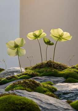 苔蘚巖石上的綠色花朵