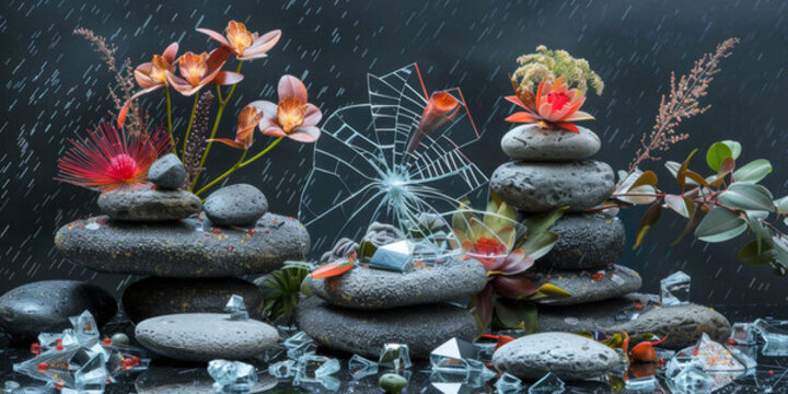 蘭花蜘蛛和石頭在雨中的靜物攝影