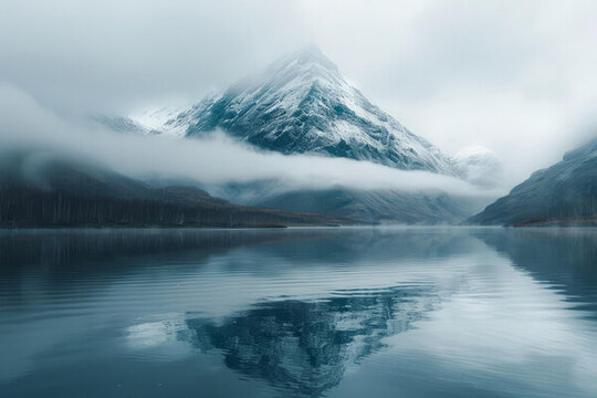 霧蒙蒙的湖泊和雪山倒映在水中