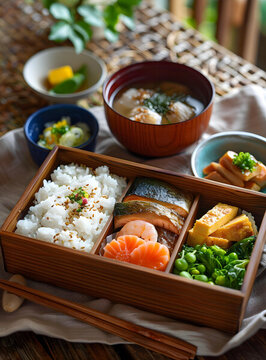一個美味健康的日式便當，有米飯、魚、蔬菜和味噌湯