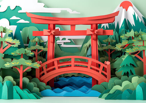 一座紙藝剪裁的日本風(fēng)光插畫，描繪了一座橋和一座鳥居