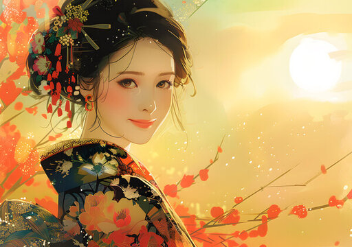 身穿和服的美麗日本女人的插圖，她的傳統(tǒng)發(fā)型和發(fā)飾。