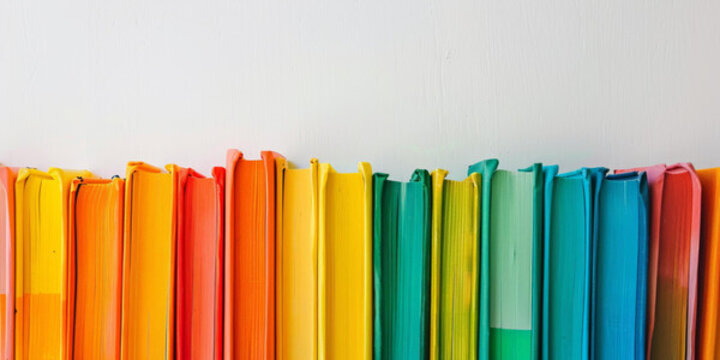 排列成彩虹順序的一排彩色書籍