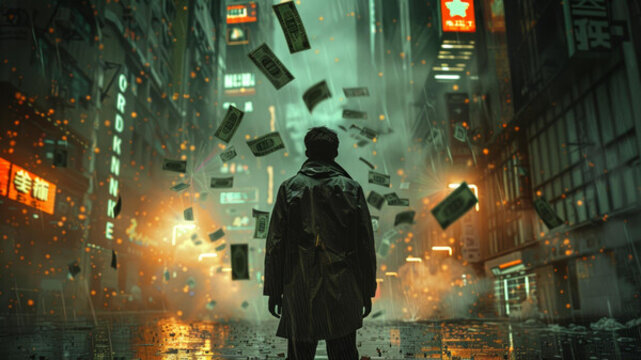 一個人站在雨中天上掉下許多錢
