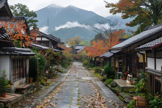 日本傳統(tǒng)村莊街道，紅葉秋景與山脈背景