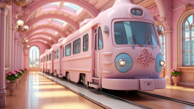 粉色的卡通小火車在粉色車站里行駛