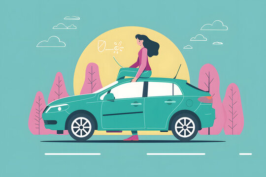 坐在綠色汽車上的女人插畫
