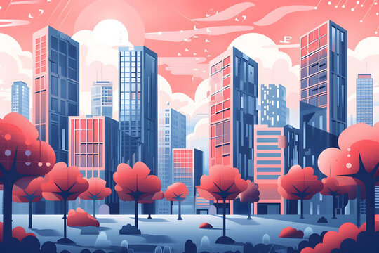 城市景觀，彩色建筑和樹木插畫