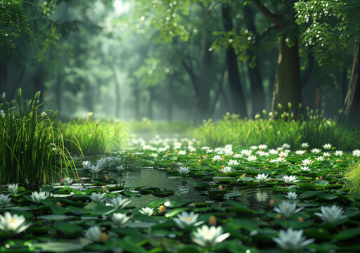 穿越寧靜森林的神秘旅程溪水潺潺蓮花盛開