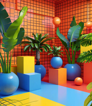 熱帶植物與抽象幾何圖形的3D渲染