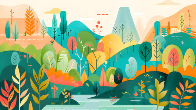抽象樹木和山脈的自然風(fēng)景插畫