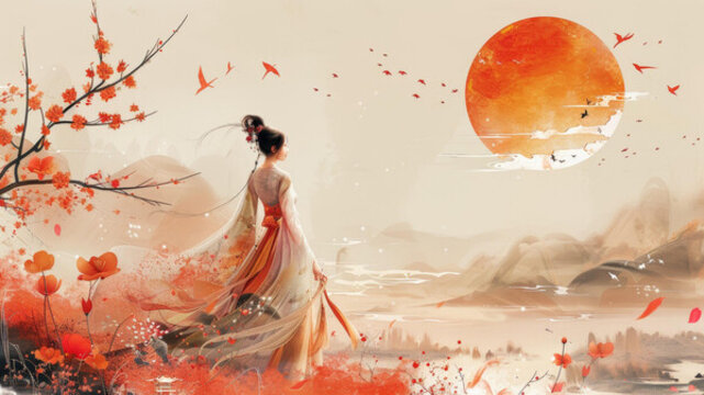身著中國傳統(tǒng)服飾的女子欣賞日落