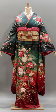 綠紅花卉圖案日本和服