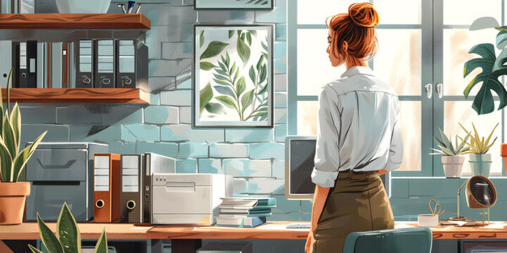 一個(gè)站在辦公室里眺望窗外沉思的女人插畫