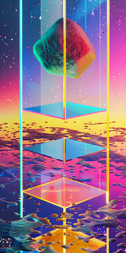 霓虹燈和幾何圖形的抽象3D藝術