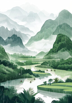 河流穿過山谷的插圖