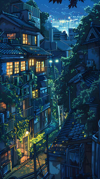 夜晚的日本城市街景，建筑和路燈