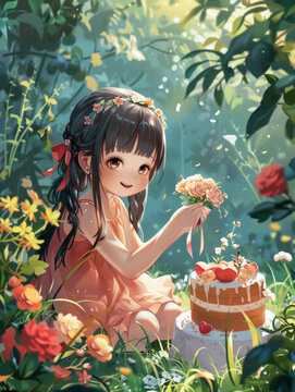 插圖畫一個小女孩坐在花田里手捧鮮花