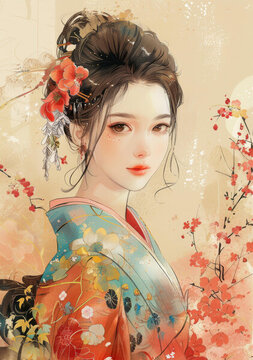 身穿和服的美麗日本女性與櫻花