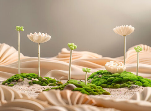 白色花朵和綠色苔蘚的沙地