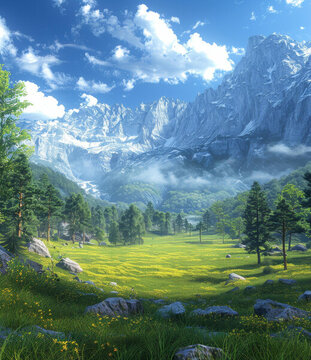 奇幻山地景觀綠地和藍(lán)天