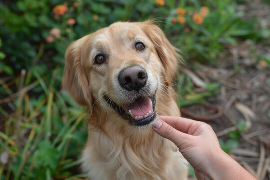一只金毛獵犬正仰視鏡頭臉上帶著快樂的表情