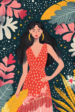 紅裙女人與綠葉的插畫