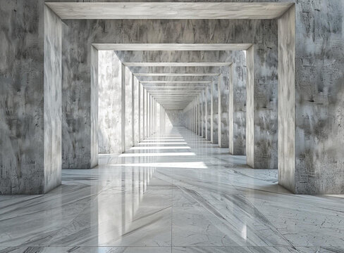 未來感十足的水泥建筑大理石地面反射著陽光