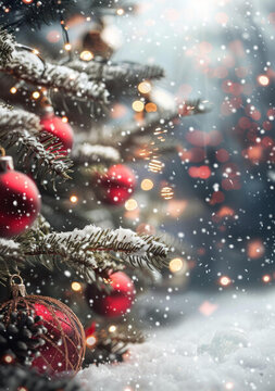 雪中紅球裝飾的圣誕樹(shù)