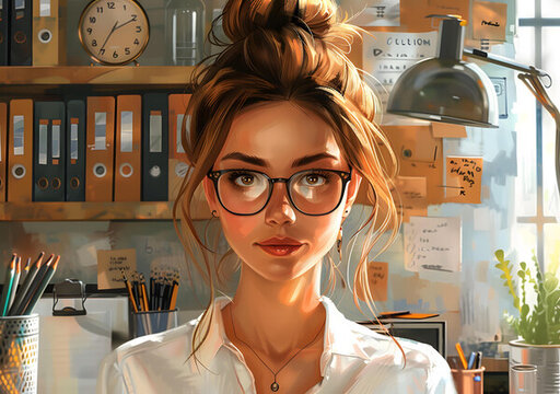 一個戴著眼鏡和白色襯衫的年輕女人的肖像
