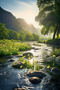 夕陽穿過山谷照耀在河水和花朵上