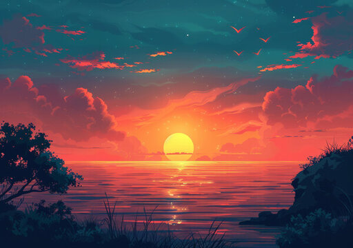 日落海景插畫
