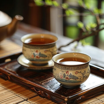 兩只蓋碗茶杯置于木質(zhì)托盤上