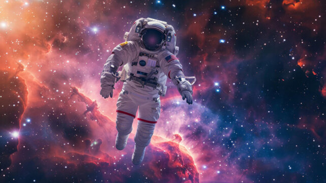 身穿宇航服的宇航員在浩瀚的太空中漂浮
