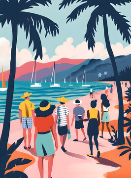 夏季海灘度假場景插畫