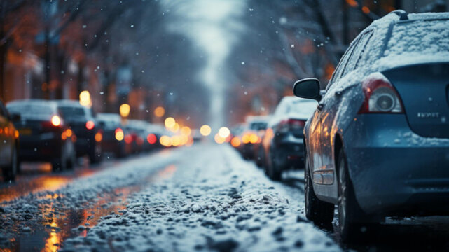 暴風(fēng)雪中艱難行駛的汽車(chē)