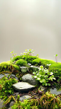 灰色背景上的綠色苔蘚和巖石