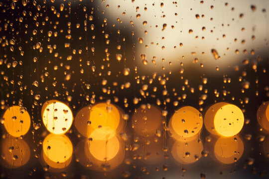 雨滴落在窗戶上背景是模糊的城市燈光