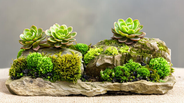 石上多肉植物和苔蘚花園裝飾