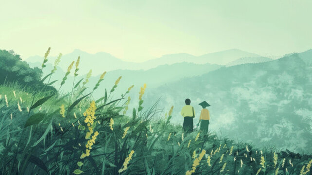一對亞洲情侶在草地上眺望遠(yuǎn)處的山景