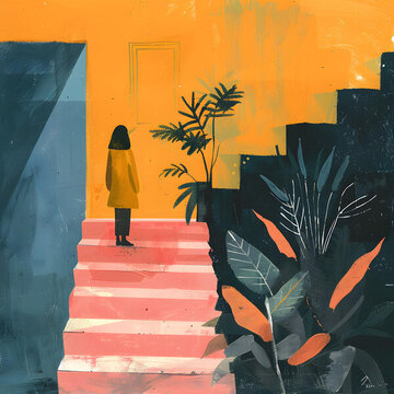 女人站在樓梯上，背景是植物
