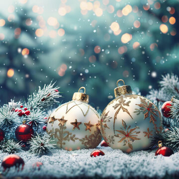 圣誕節(jié)裝飾品在雪地里的冷杉樹枝和紅漿果