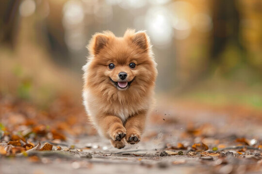 一只快樂的博美犬在樹林里奔跑