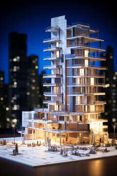 一棟現(xiàn)代公寓樓的建筑模型背景為藍(lán)色