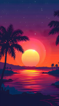 熱帶日落風(fēng)景插畫