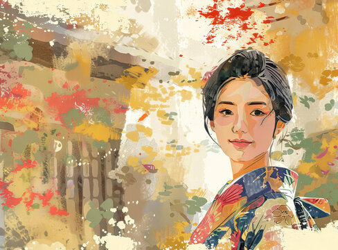 穿著和服的日本女性，背景是傳統(tǒng)日式建筑
